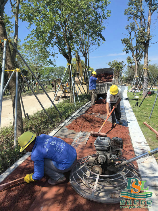 广州南沙区滨海公园防洪堤升级改造透水混凝土路面施工中！